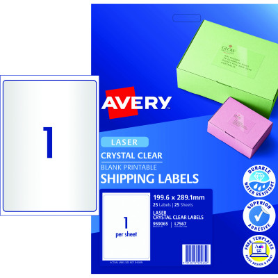 AVERY L7567 CLEAR LASER LABELS Quick Peel 1/Sht 199.6x289.1mm 25 Sheets