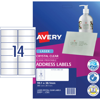 AVERY L7563 CLEAR LASER LABELS Quick Peel 14/Sht 99.1x38mm 25 Sheets
