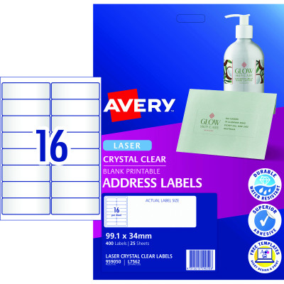 AVERY L7562 CLEAR LASER LABELS Quick Peel 16/Sht 99.1x33.9mm 25 Sheets
