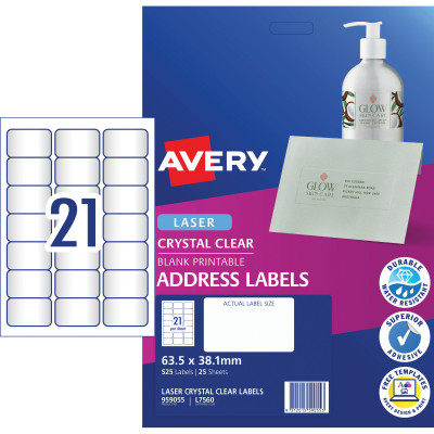 AVERY L7560 CLEAR LASER LABELS Quick Peel 21/Sht 63.5x38.1mm 25 Sheets