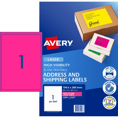 AVERY L7167FP LASER LABELS 1/Sht 199.6x289mm Fluoro Pink 25 Sheets