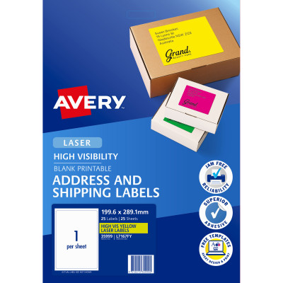 AVERY L7167FY LASER LABELS 1/Sht 199.6x289mm Fluoro Yello Yellow 25 Sheets
