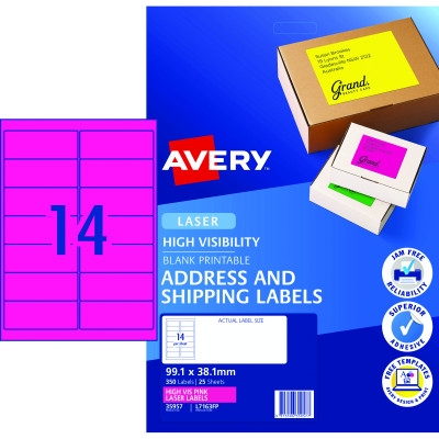 AVERY L7163FP LASER LABELS 14/Sht 99.1x38.1mm Fluoro Pink 25 Sheets