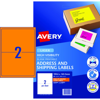 AVERY L7168FO LASER LABELS 2/Sht 199.6x43.5mm Fluoro Orange Pack of 10