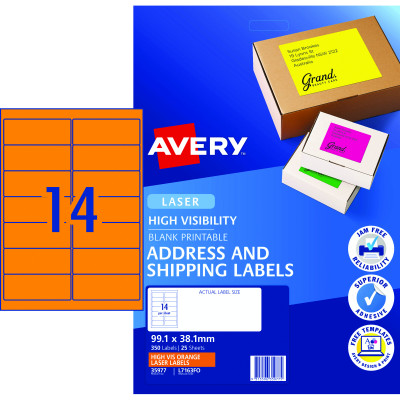 AVERY L7163FO LASER LABELS 14/Sht 99.1x38.1mm Fluoro Orng Orange 25 Sheets