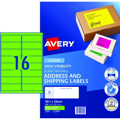 AVERY L7162FG LASER LABELS 16/Sht  99.1x34mm Fluoro Green 25 Sheets