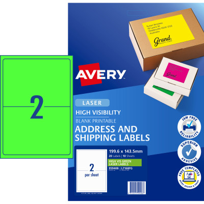 AVERY L7168FG LASER LABELS 2 /Sht 199.6x43.5mm Fluoro Green 10 Sheets