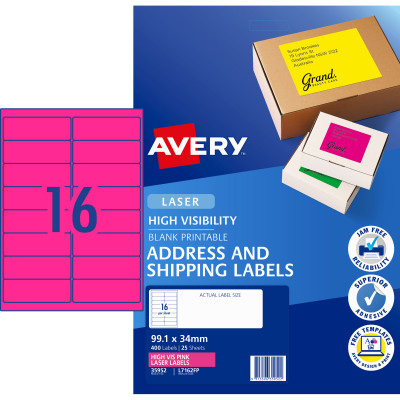 AVERY L7162FP LASER LABELS 16/Sht 99.1x34mm Fluoro Pink 25 Sheets