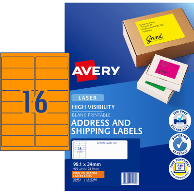 AVERY L7162FO LASER LABELS 16/Sht 99.1x34mm Fluoro Orange 25 Sheets