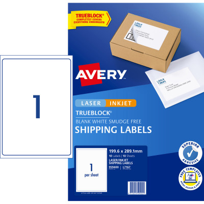 AVERY INTERNET SHIPPING LABELS L7167 1L/P/Sht 199.6x289.1mm Pack of 10 Laser Labels